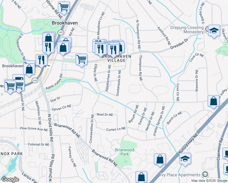 map of restaurants, bars, coffee shops, grocery stores, and more near 1444 Cartecay Drive Northeast in Atlanta