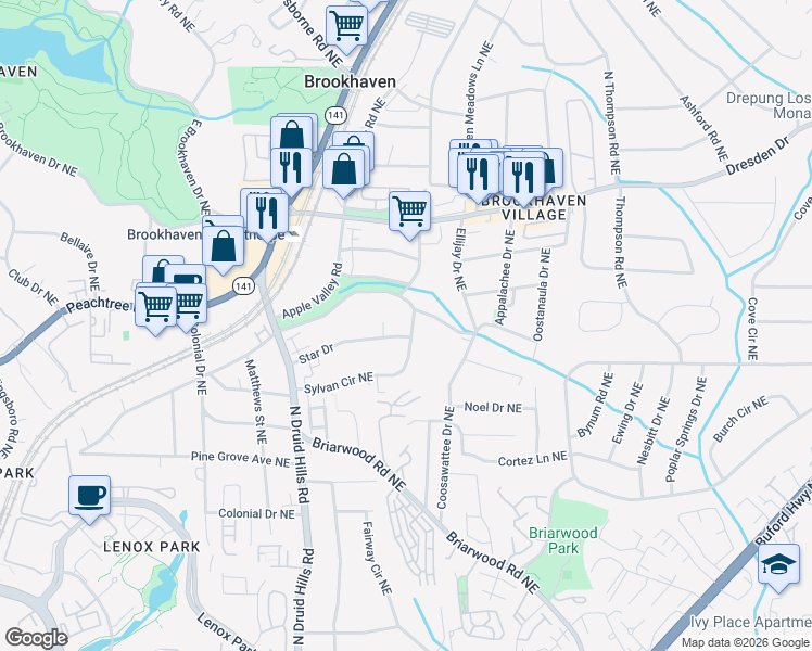 map of restaurants, bars, coffee shops, grocery stores, and more near 1385 Sylvan Circle Northeast in Atlanta