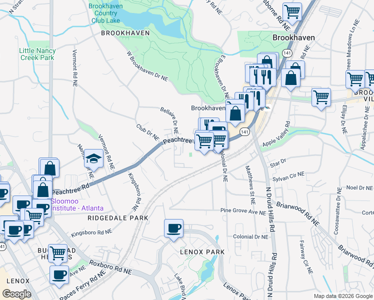 map of restaurants, bars, coffee shops, grocery stores, and more near 2443 East Club Drive Northeast in Atlanta