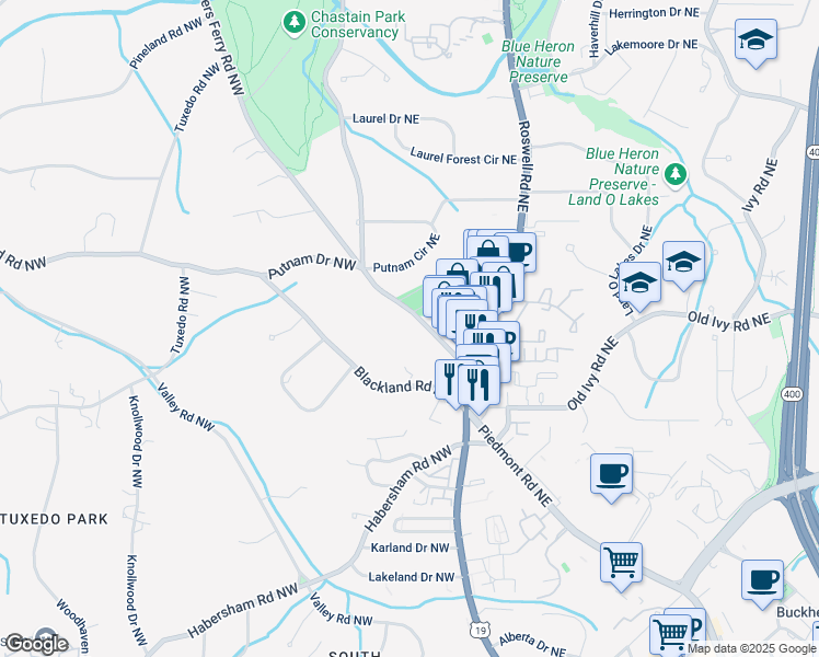 map of restaurants, bars, coffee shops, grocery stores, and more near 3734 Powers Ferry Road Northwest in Atlanta