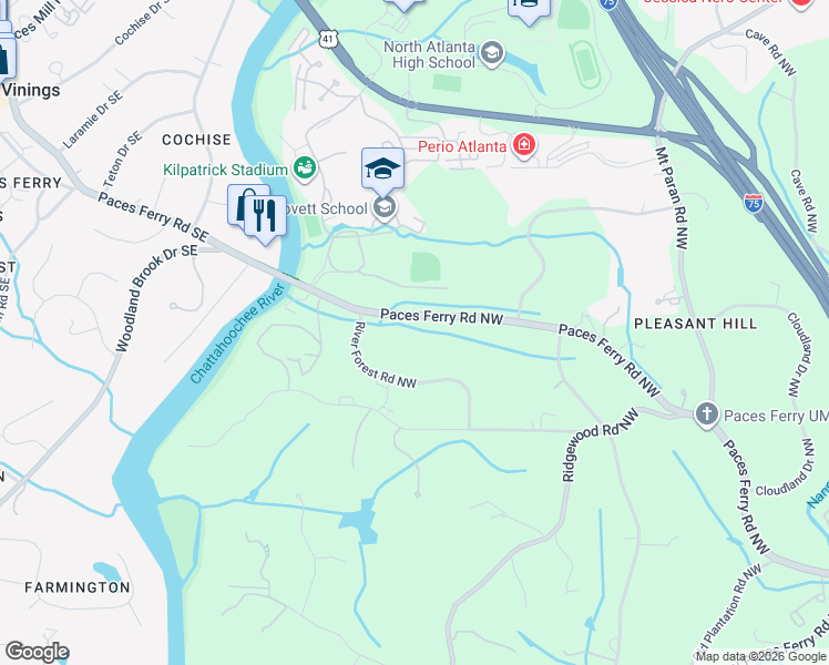 map of restaurants, bars, coffee shops, grocery stores, and more near 4014 Paces Ferry Road Northwest in Atlanta