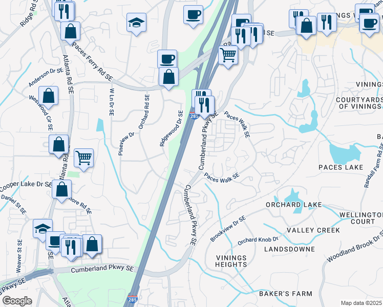 map of restaurants, bars, coffee shops, grocery stores, and more near 2255 Cumberland Parkway Southeast in Atlanta