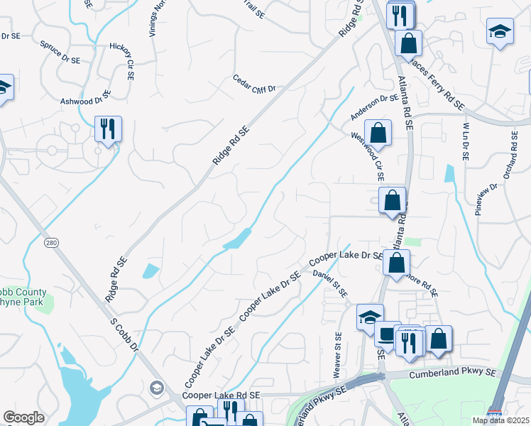 map of restaurants, bars, coffee shops, grocery stores, and more near 4062 Vinings Mill Trail in Smyrna