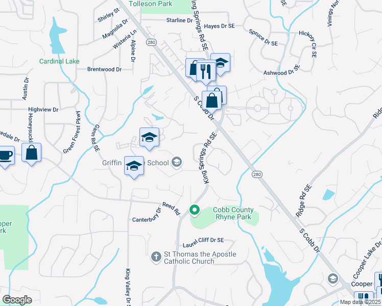 map of restaurants, bars, coffee shops, grocery stores, and more near 4018 Rhyne Circle Southeast in Smyrna