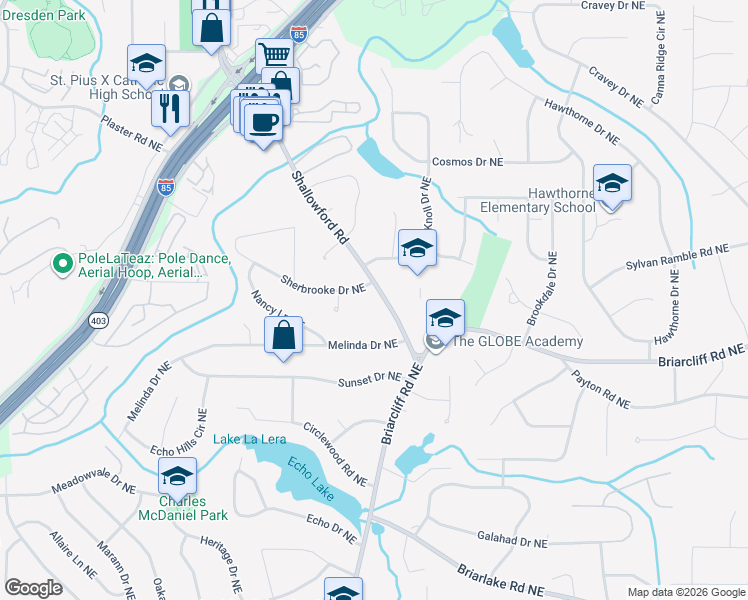 map of restaurants, bars, coffee shops, grocery stores, and more near 2370 Shallowford Road in Atlanta