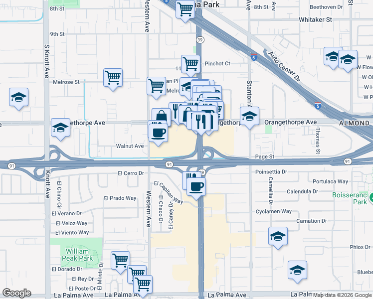 map of restaurants, bars, coffee shops, grocery stores, and more near Beach Blvd in Buena Park
