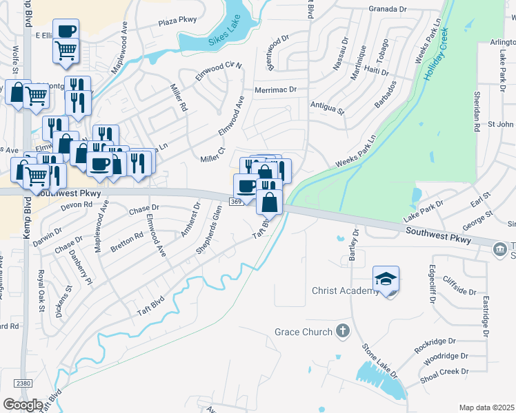 map of restaurants, bars, coffee shops, grocery stores, and more near 2201 Southwest Pkwy in Wichita Falls