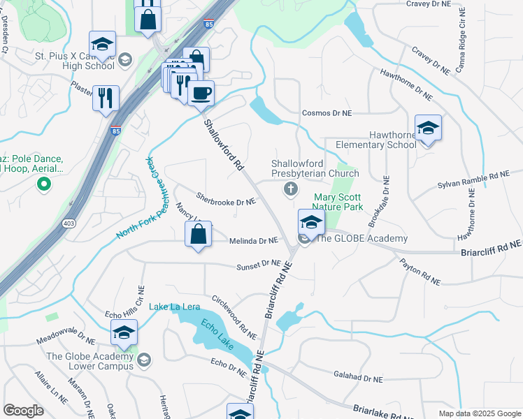 map of restaurants, bars, coffee shops, grocery stores, and more near 2378 Shallowford Road in Atlanta