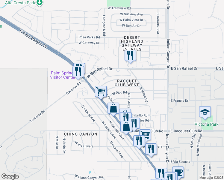 map of restaurants, bars, coffee shops, grocery stores, and more near 545 West Yorba Road in Palm Springs
