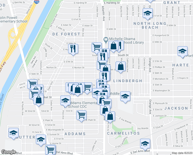 map of restaurants, bars, coffee shops, grocery stores, and more near 5541 Linden Avenue in Long Beach