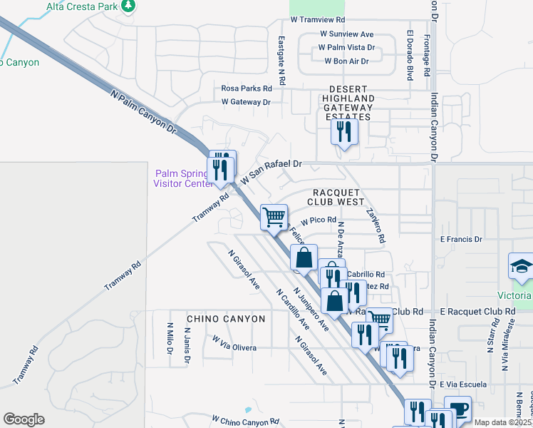 map of restaurants, bars, coffee shops, grocery stores, and more near in Palm Springs