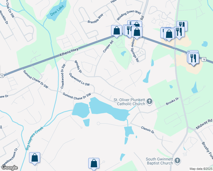 map of restaurants, bars, coffee shops, grocery stores, and more near 3021 Brooks Drive in Snellville