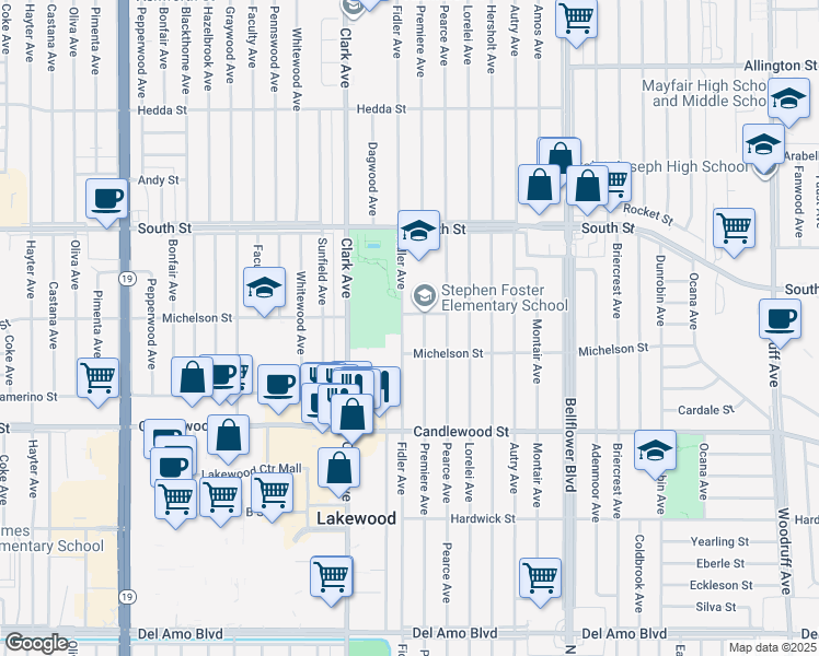 map of restaurants, bars, coffee shops, grocery stores, and more near 5509 Premiere Avenue in Lakewood