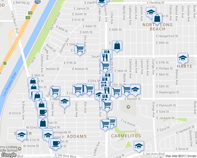 map of restaurants, bars, coffee shops, grocery stores, and more near 5541 Linden Avenue in Long Beach