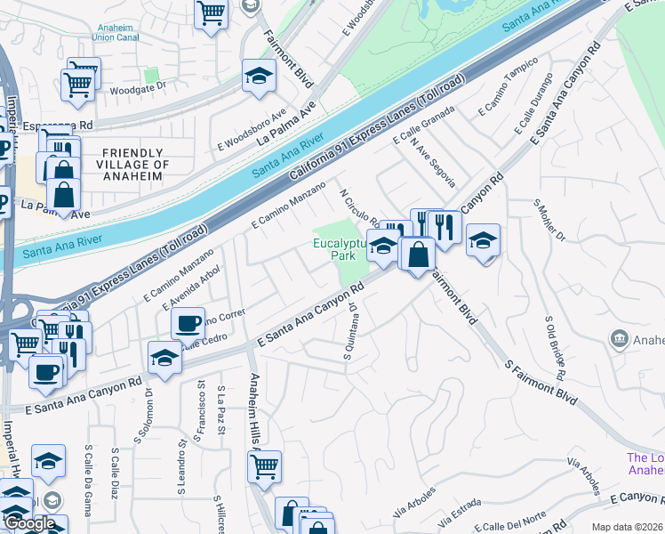 map of restaurants, bars, coffee shops, grocery stores, and more near 6198 East Camilo Correr in Anaheim