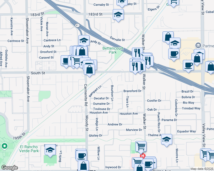 map of restaurants, bars, coffee shops, grocery stores, and more near 7301 Bourbon Lane in La Palma