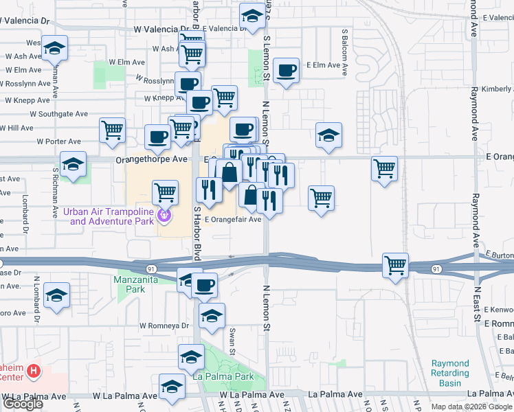 map of restaurants, bars, coffee shops, grocery stores, and more near 251 East Orangefair Mall in Fullerton