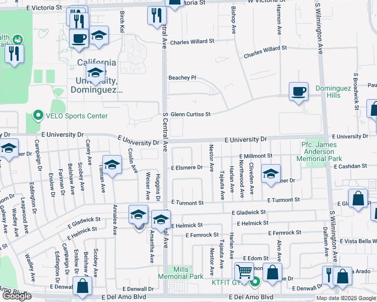 map of restaurants, bars, coffee shops, grocery stores, and more near 19113 Radlett Avenue in Carson