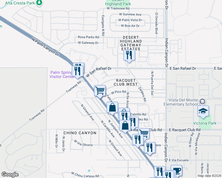 map of restaurants, bars, coffee shops, grocery stores, and more near 525 West Pico Road in Palm Springs