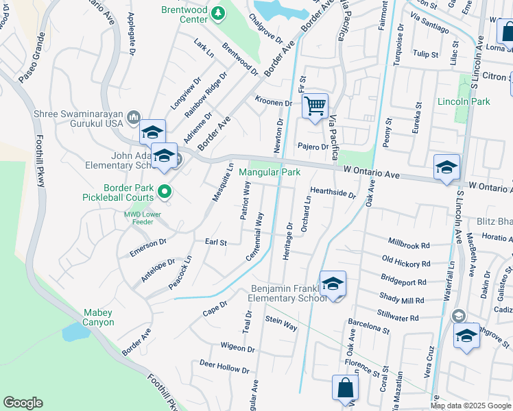 map of restaurants, bars, coffee shops, grocery stores, and more near 2350 Centennial Way in Corona