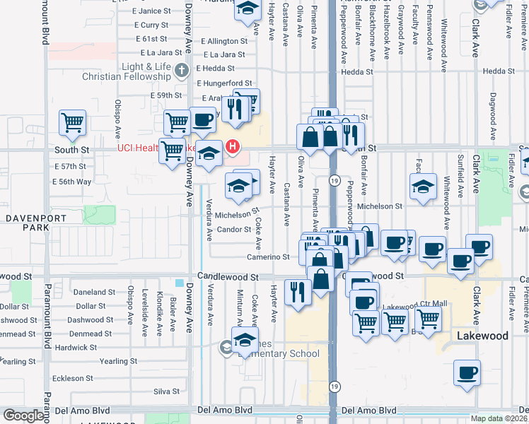 map of restaurants, bars, coffee shops, grocery stores, and more near 3814 Michelson Street in Lakewood