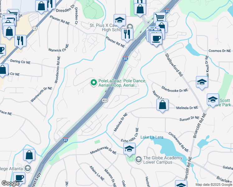 map of restaurants, bars, coffee shops, grocery stores, and more near 2345 Peachwood Circle Northeast in Atlanta