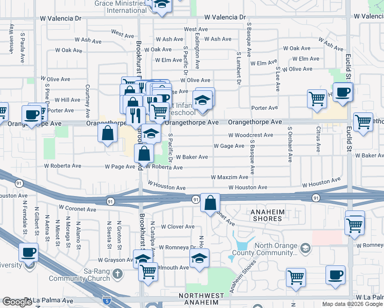 map of restaurants, bars, coffee shops, grocery stores, and more near 1601 West Baker Avenue in Fullerton