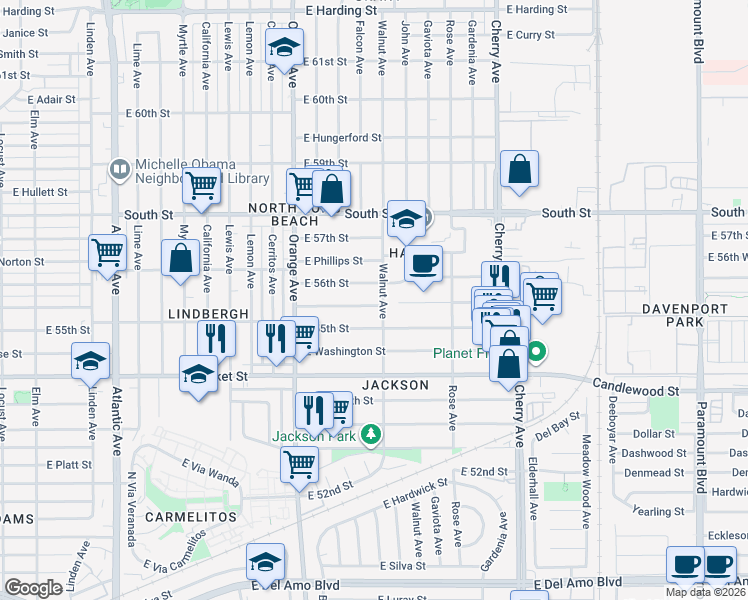 map of restaurants, bars, coffee shops, grocery stores, and more near 1456 East Michelson Street in Long Beach