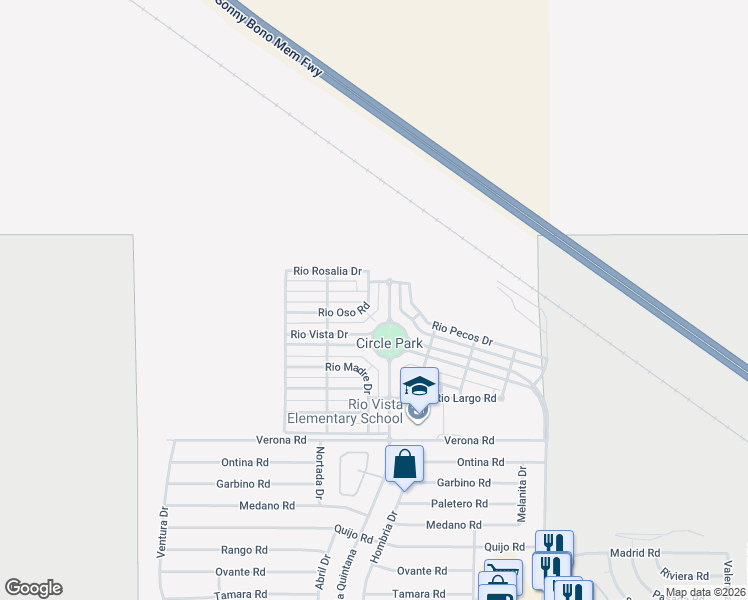 map of restaurants, bars, coffee shops, grocery stores, and more near 26300 Rio Oso Road in Cathedral City