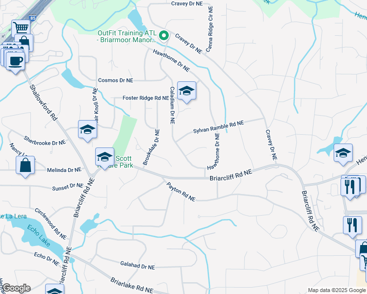 map of restaurants, bars, coffee shops, grocery stores, and more near 2447 Caladium Drive Northeast in Atlanta