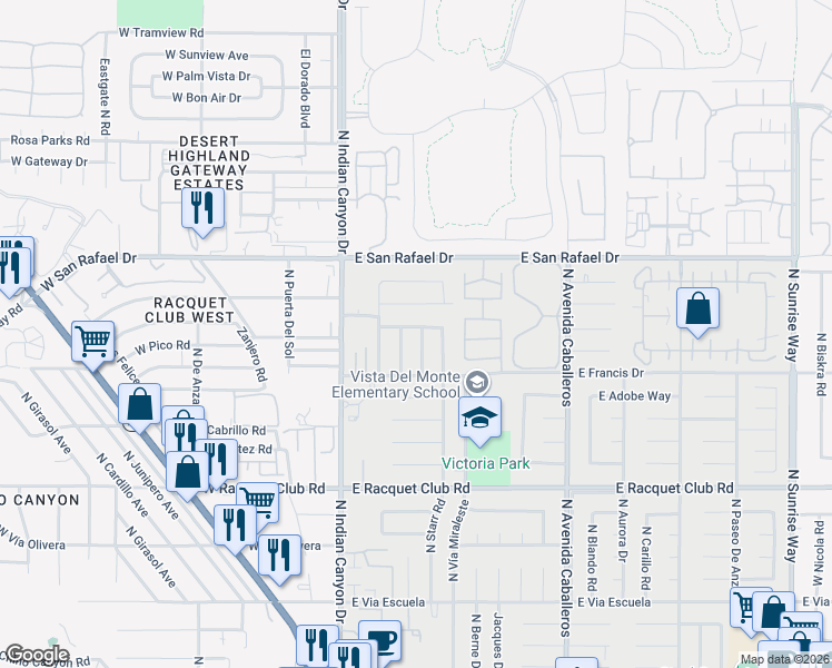 map of restaurants, bars, coffee shops, grocery stores, and more near 2889 North Davis Way in Palm Springs