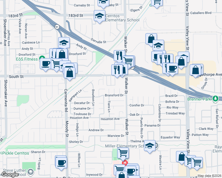 map of restaurants, bars, coffee shops, grocery stores, and more near 7161 Caprice Circle in La Palma