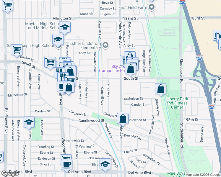 map of restaurants, bars, coffee shops, grocery stores, and more near 5444 Carfax Avenue in Lakewood