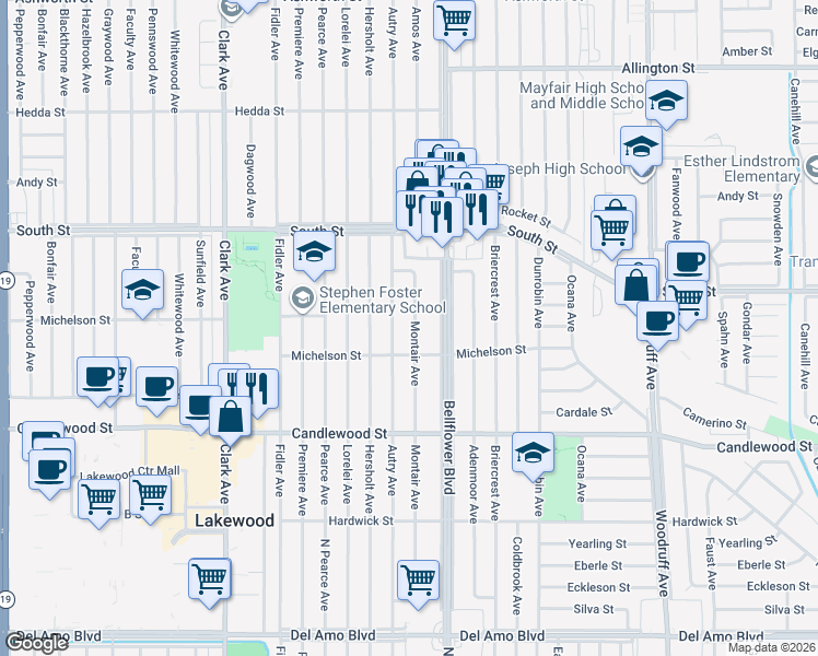 map of restaurants, bars, coffee shops, grocery stores, and more near 5509 Montair Avenue in Lakewood