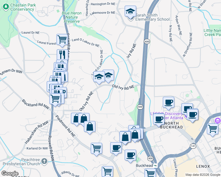 map of restaurants, bars, coffee shops, grocery stores, and more near 3639 Old Ivy Lane Northeast in Atlanta