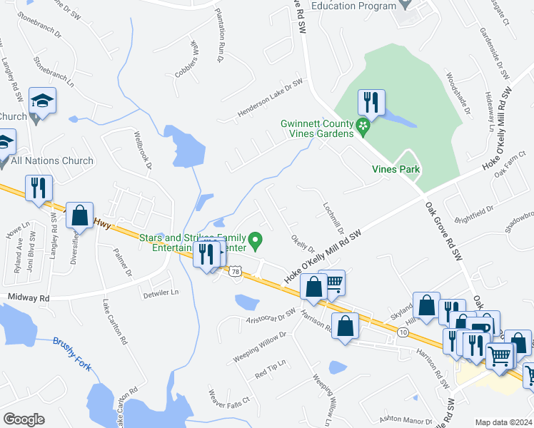 map of restaurants, bars, coffee shops, grocery stores, and more near 503 Cherry Creek Drive in Loganville