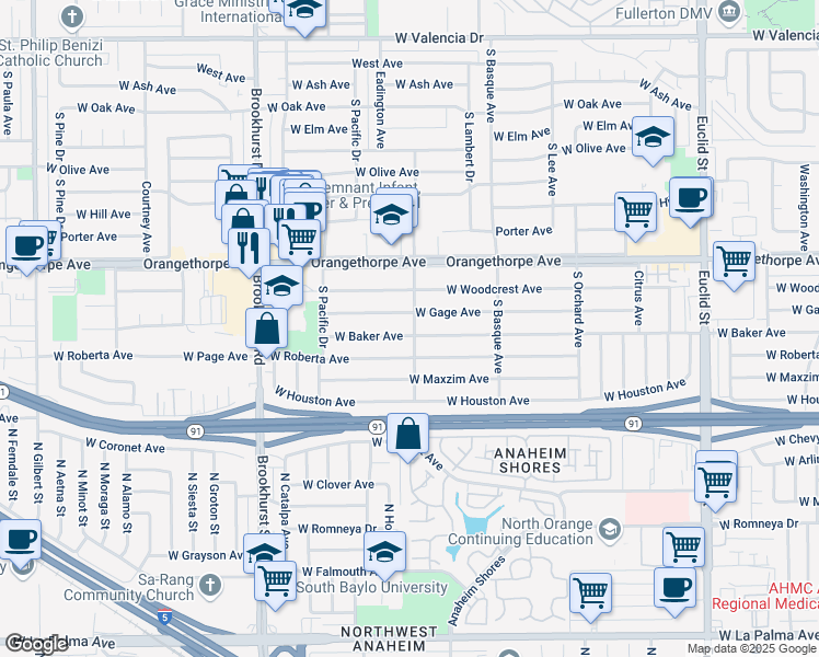 map of restaurants, bars, coffee shops, grocery stores, and more near 1501 West Baker Avenue in Fullerton