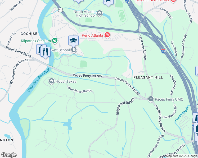 map of restaurants, bars, coffee shops, grocery stores, and more near 3906 Paces Ferry Road Northwest in Atlanta