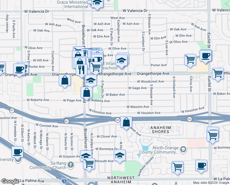 map of restaurants, bars, coffee shops, grocery stores, and more near 1601 West Baker Avenue in Fullerton