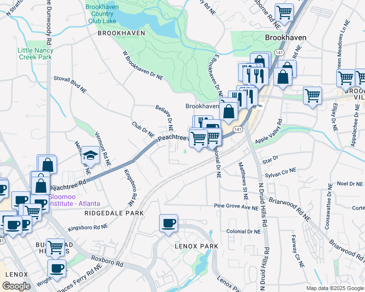 map of restaurants, bars, coffee shops, grocery stores, and more near 3833 Peachtree Road Northeast in Atlanta