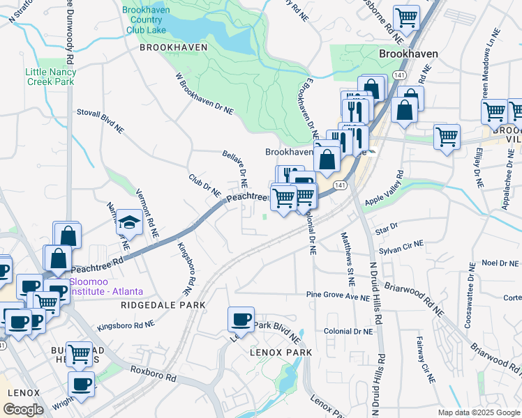 map of restaurants, bars, coffee shops, grocery stores, and more near 3833 Peachtree Road Northeast in Atlanta