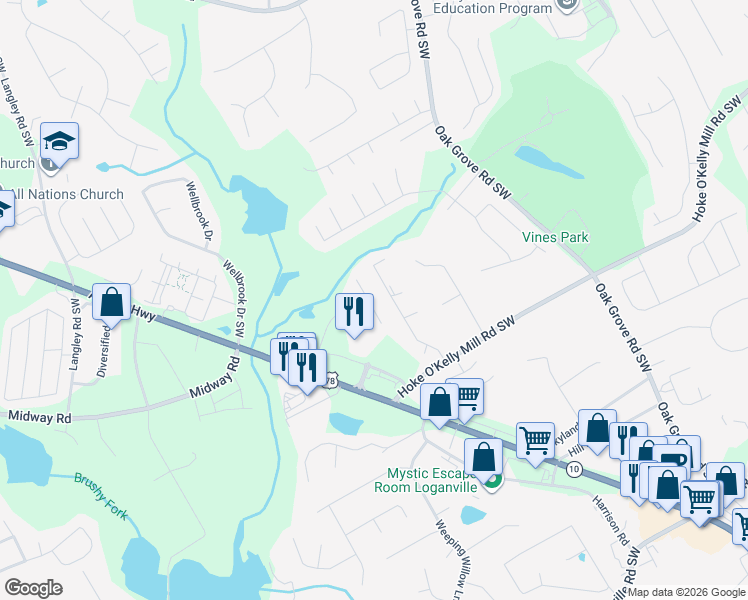 map of restaurants, bars, coffee shops, grocery stores, and more near 503 Cherry Creek Drive in Loganville