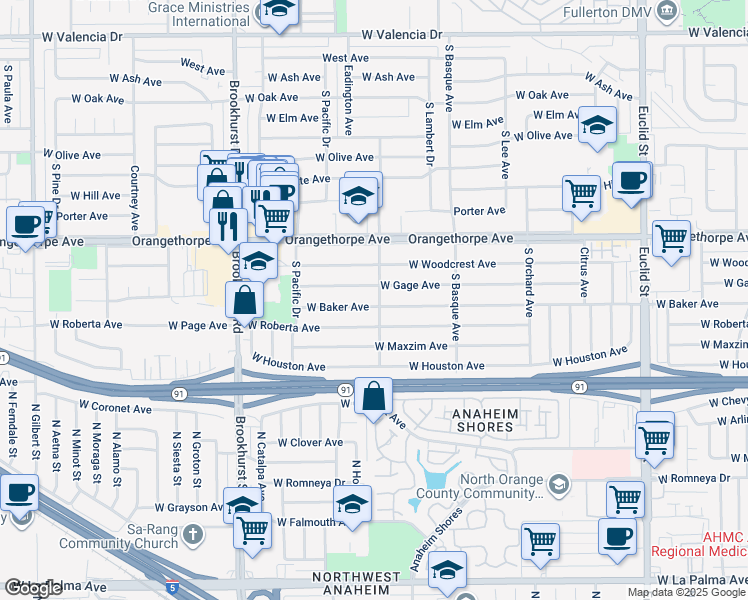 map of restaurants, bars, coffee shops, grocery stores, and more near 1501 West Baker Avenue in Fullerton