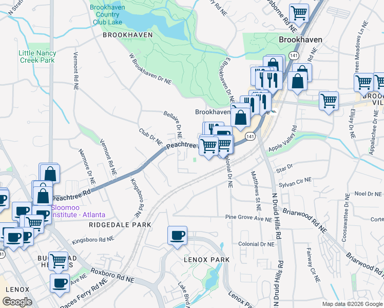 map of restaurants, bars, coffee shops, grocery stores, and more near 3833 Peachtree Road Northeast in Atlanta