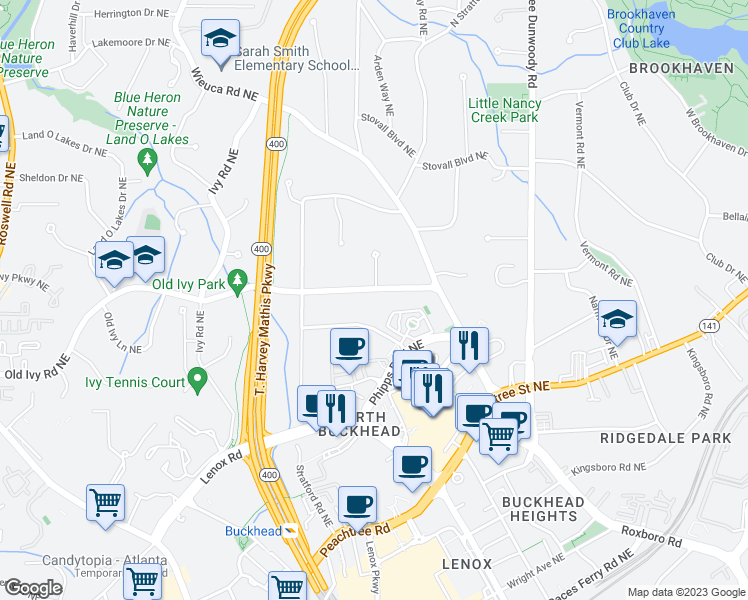 map of restaurants, bars, coffee shops, grocery stores, and more near 696 Longleaf Drive Northeast in Atlanta