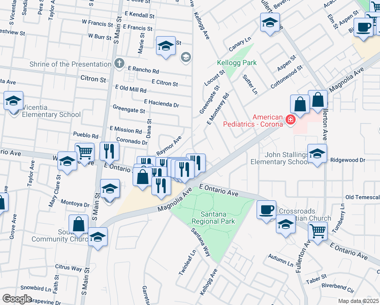 map of restaurants, bars, coffee shops, grocery stores, and more near 2151 Beatrice Drive in Corona