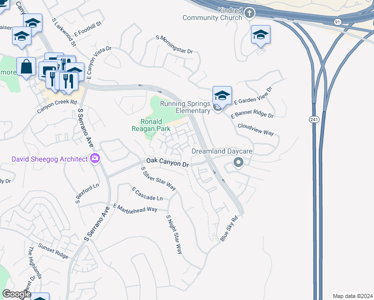 map of restaurants, bars, coffee shops, grocery stores, and more near 8392 East Truckee Way in Anaheim