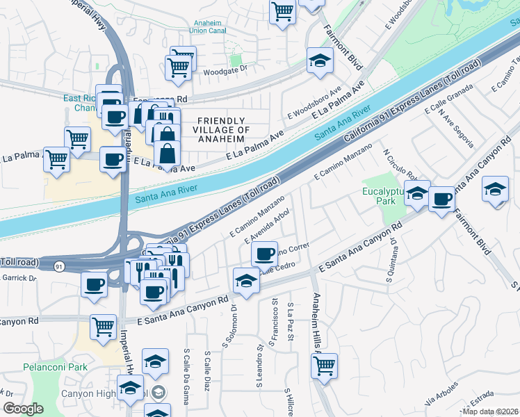map of restaurants, bars, coffee shops, grocery stores, and more near 6033 East Avenida Arbol in Anaheim