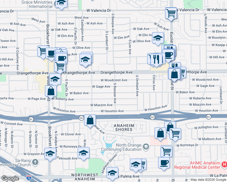 map of restaurants, bars, coffee shops, grocery stores, and more near 1347 West Roberta Avenue in Fullerton