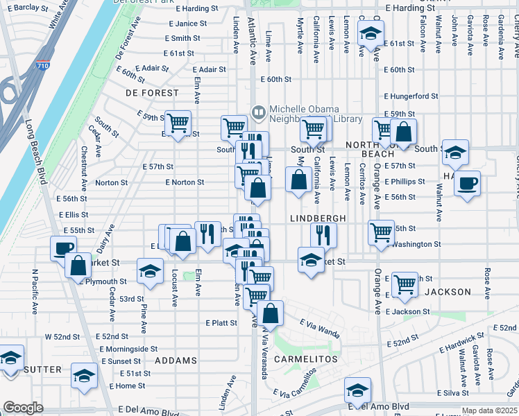 map of restaurants, bars, coffee shops, grocery stores, and more near 5507 Atlantic Avenue in Long Beach